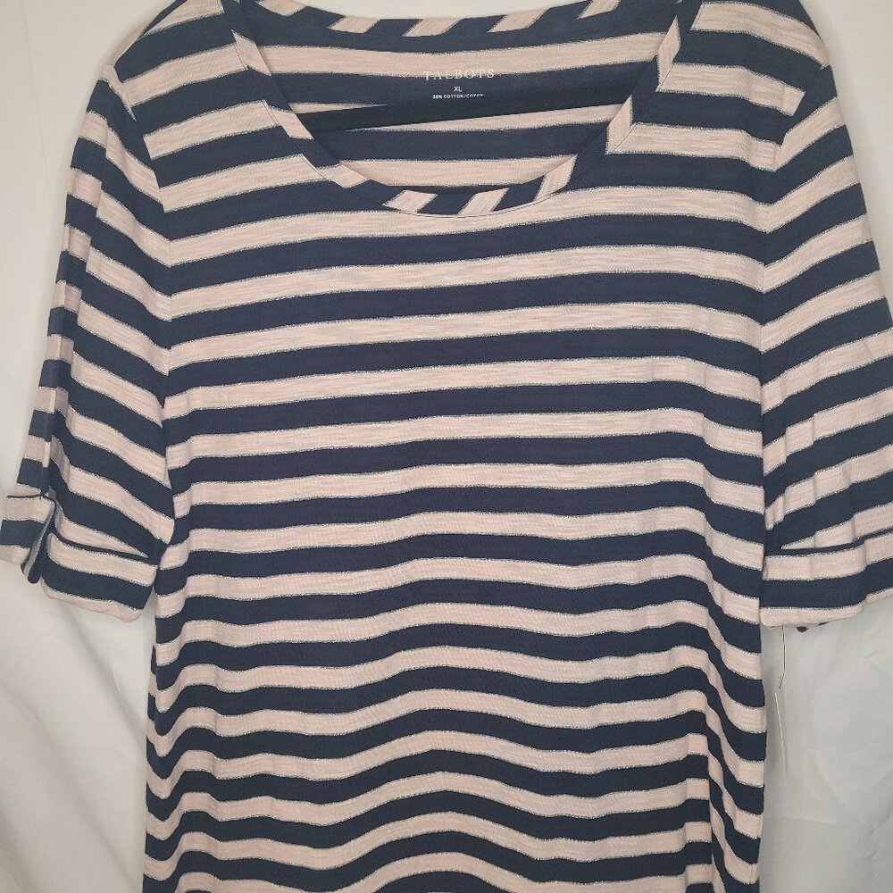 NWTS Talbots Pink and Black strip with Silver Shimmer short sleeve shirt- size X